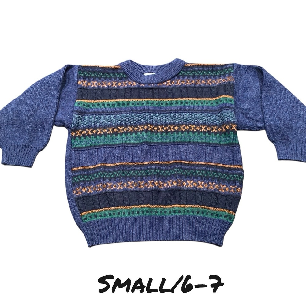 Vintage 90s Kids Sweater Small 6-7‎ Fair Isle Knit Blue Green Orange Crewneck